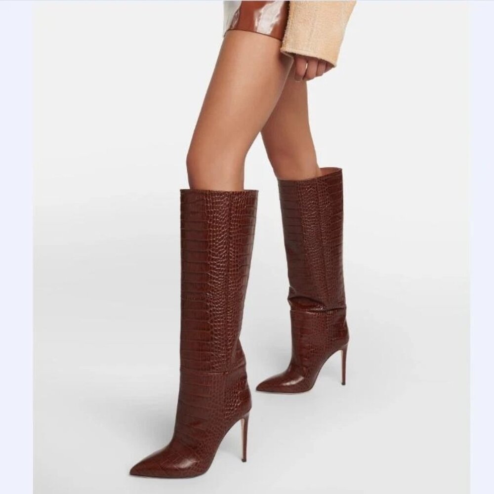 Knee-High Pointed Toe Croc-Embossed Stiletto Boots - Brown